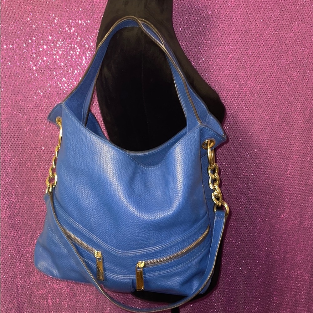Michael Kors Blue Pebbled Leather Chain Shoulder Bag Gold Hardware - Picture 4 of 15